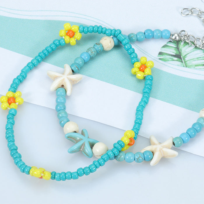 Jewelry WholesaleWholesale Rice Beads Small Daisy Anklet Starfish Turquoise Surf Ankle Chain MOQ≥2 JDC-AS-Yh005 Anklet 益烨 %variant_option1% %variant_option2% %variant_option3%  Factory Price JoyasDeChina Joyas De China