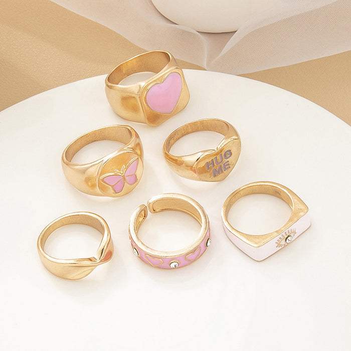 Anillos al por mayor aleación de corazón Exagerated Heart Pink Butterfly Letters 6pcs Ring Juego de anillo JDC-RS-Zhulong005