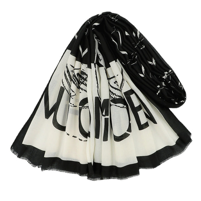 Wholesale Scarf Cotton Linen Simple Black And White Classic Tassel Sunscreen Shawl JDC-SF-Xiaobang003