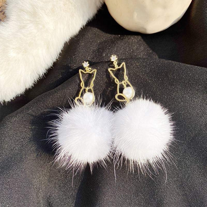 Wholesale Earrings Alloy Cat Pearl Hair Ball MOQ≥2 JDC-ES-YiCe001