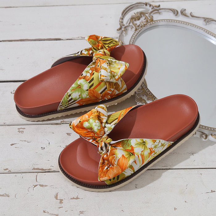 Wholesale sandals pu floral fabric bow slippers summer MOQ≥2 JDC-SD-JuHong008