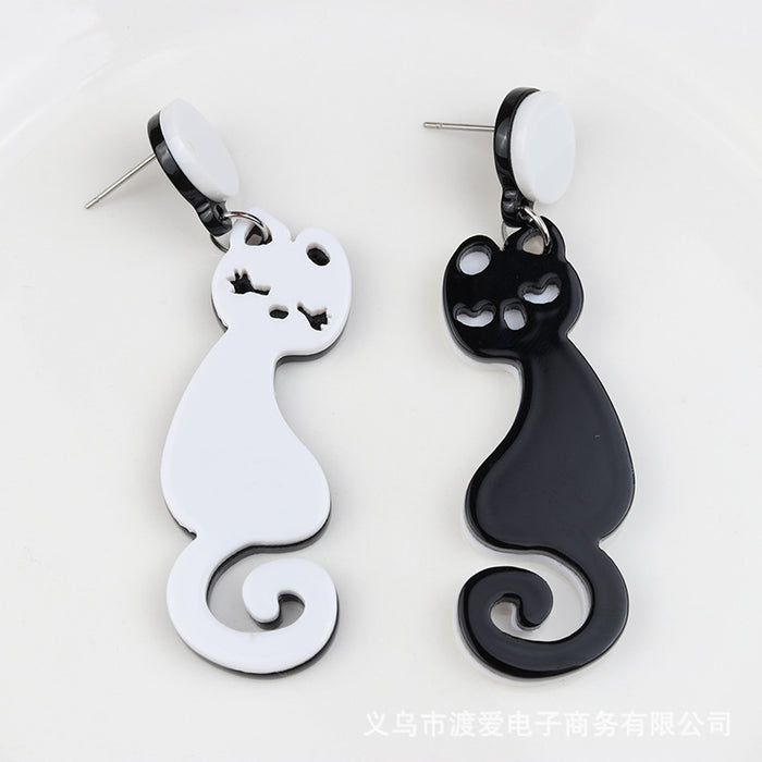 Wholesale cat acrylic earrings black and white asymmetric earrings animal MOQ≥2 JDC-ES-DUAI028