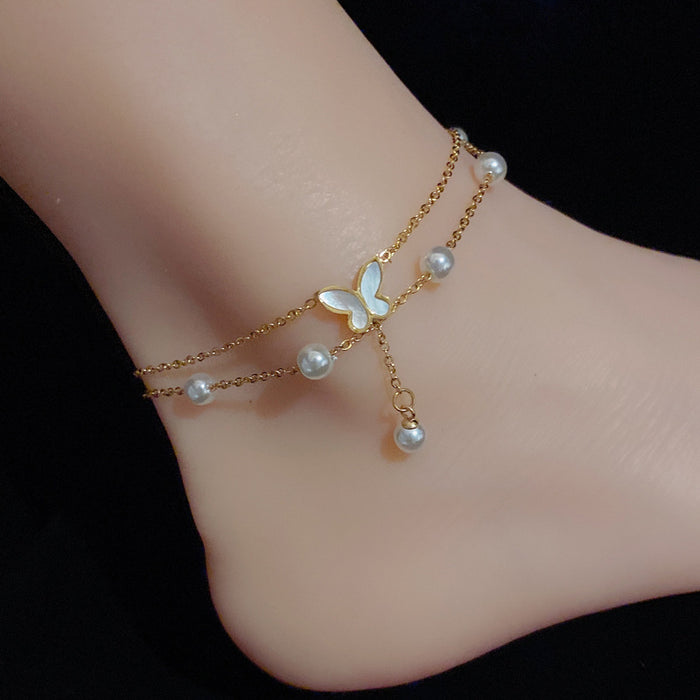 Wholesale Anklets Titanium Steel Double Layer Pearl Butterfly Pendant Shell MOQ≥2 JDC-AS-DuP001