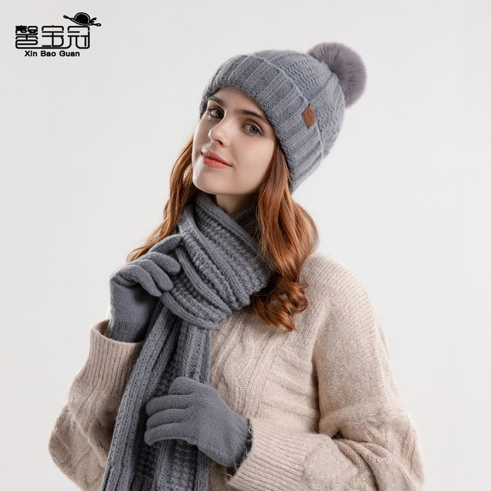 Wholesale Hat Acrylic Winter Solid Color Plus Fleece Knitted Scarf Gloves 3pcs Set JDC-FH-BG022