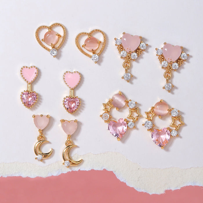 Wholesale Earrings Brass Pink Zircon Heart Earrings MOQ≥2 JDC-ES-WB002
