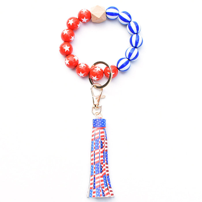 Wholesale 4th of July American Flag Independence Day Wooden Beaded Wristlet Keychain MOQ≥2 JDC-KC-MaoL001