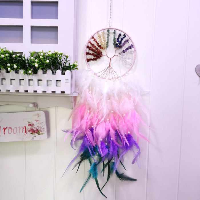 Wholesale Pink Tree of Life Gravel Feather Dreamcatcher MOQ≥2 JDC-DC-HXu002