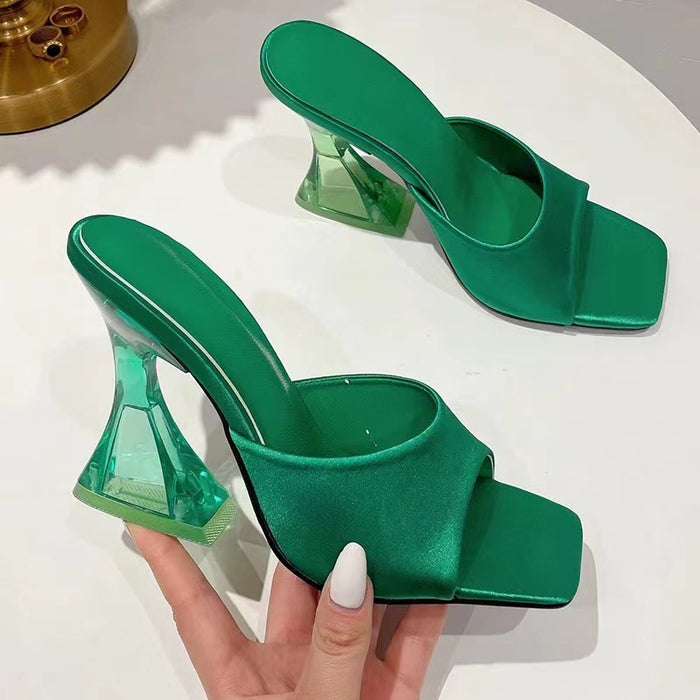 Wholesale high heel slippers women's shoes green heel slim satin MOQ≥2 JDC-SD-JuHong004