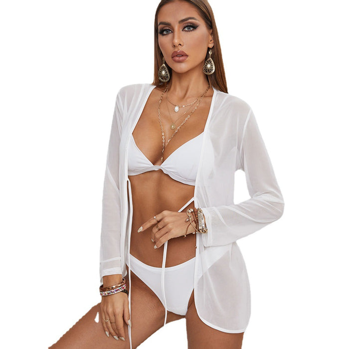 Wholesale Mesh Cardigan White Lace Up Beachwear Bikini Cover Up MOQ≥2 JDC-SW-bjs001