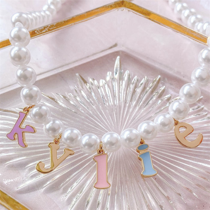 Wholesale Candy Color Glass Pearl Letter Stainless Steel 18K Gold Plated Necklace JDC-NE-Jif057