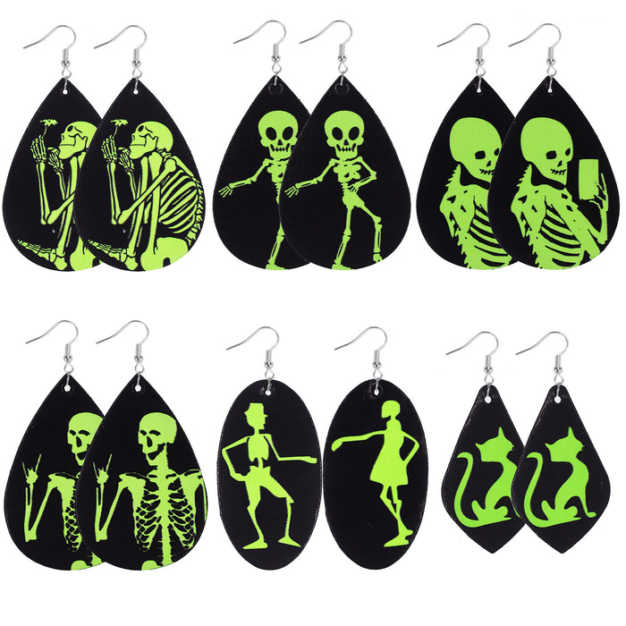 Wholesale Earrings PU Halloween Luminous Skull Pattern Earrings MOQ≥2 JDC-ES-Zuol014