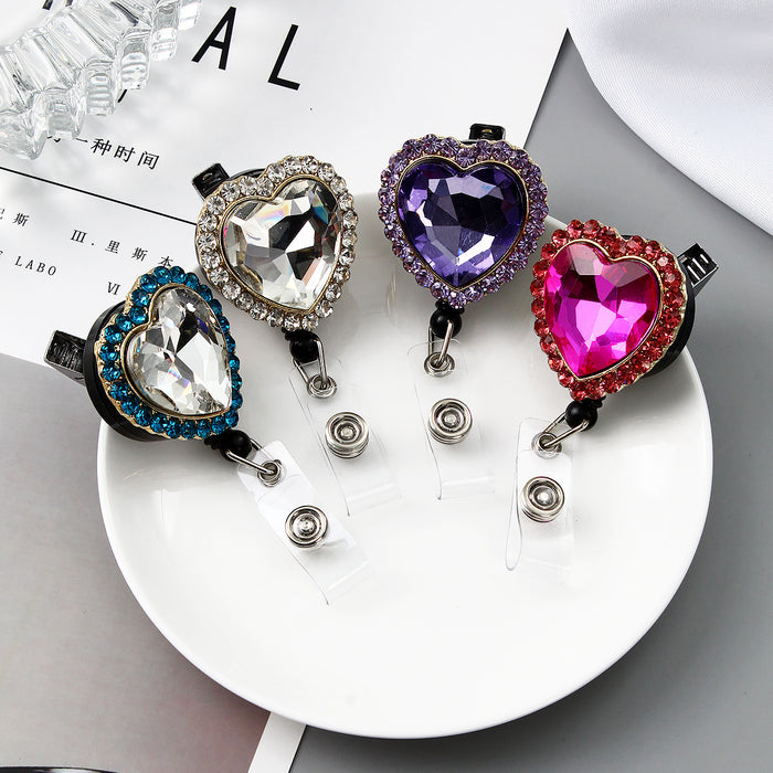 Wholesale Keychains For Backpacks heart-shaped rhinestone alloy badge pendant easy-pull buckle diamond ID card buckle MOQ≥3 JDC-KC-WHao004