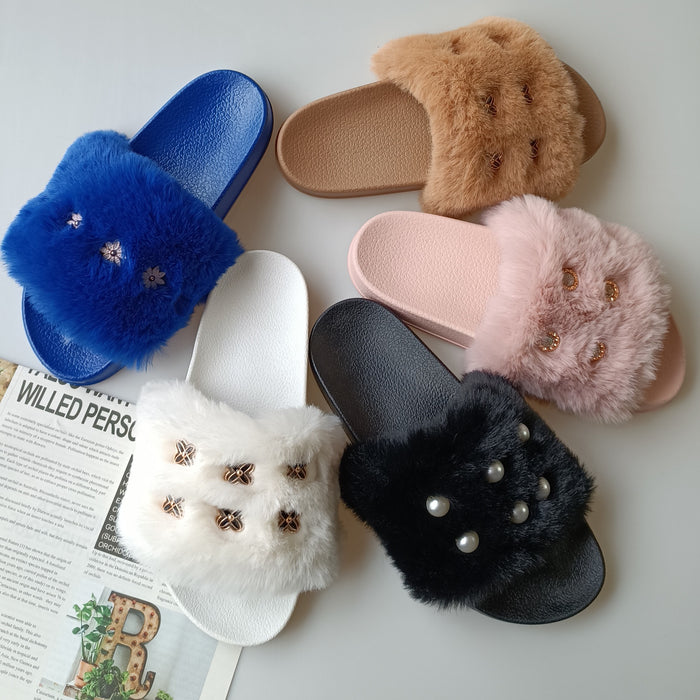 Wholesale Summer Fashion Color Fox Fur Flat Slippers Women JDC-SP-NED001