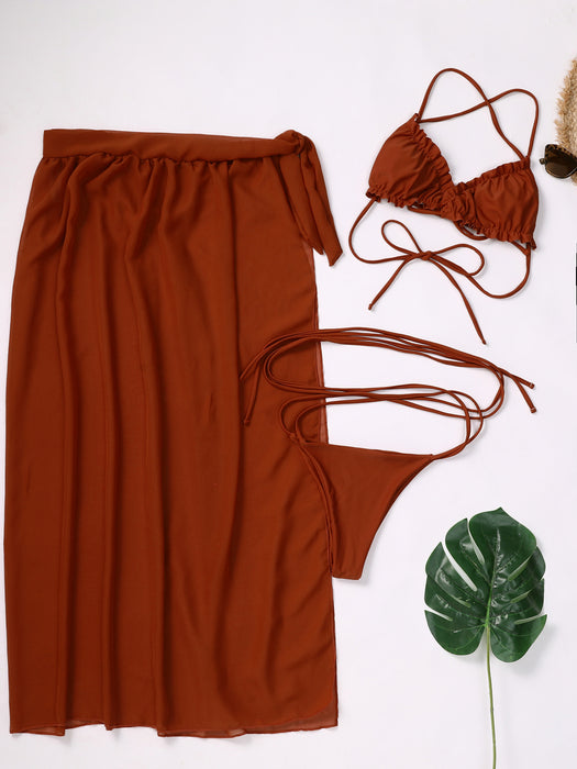 Cubierta de bikini de color sólido al por mayor Falda de la falda del traje de baño de tres piezas JDC-SW-PIAOXU015