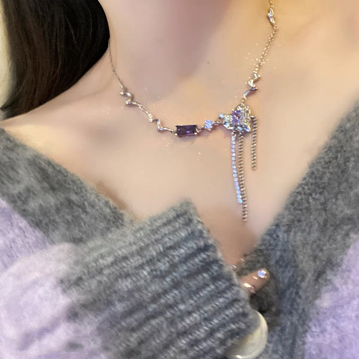 Wholesale Original Purple Zircon Crinkled Metal Heart Chain Necklace JDC-NE-YiWei006