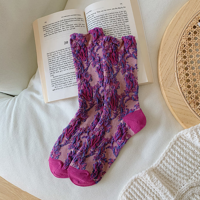 Wholesale Sock Cotton Mid Tube Breathable Sweat Absorb Purple Flower Winter Warm JDC-SK-KeSS005
