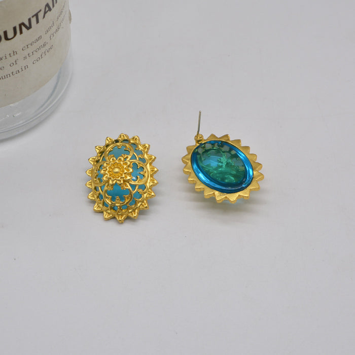 Wholesale Earrings Vintage Oval Metal Inlaid Sapphire Fall Winter MOQ≥2 JDC-ES-PREMNT005