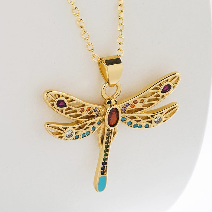 Wholesale Necklace Copper Gold Plated Zircon Elegant Dragonfly MOQ≥2 JDC-NE-AG162