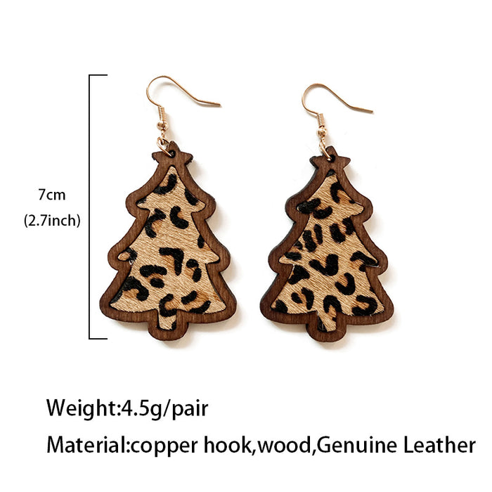 Wholesale Earrings Wooden Leopard Cow Pattern Leather Inlay MOQ≥2 JDC-ES-Qunyi023