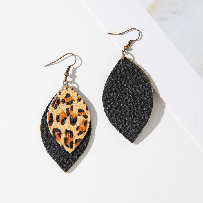 Wholesale Earrings Leather Leopard Print Black Lychee Double Layer MOQ≥2 JDC-ES-TianPi023