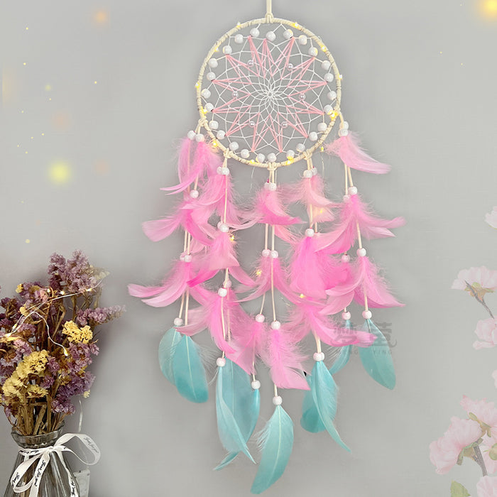Wholesale Dream Catcher Feather Pink Hand woven Wind Chime Pendant MOQ≥2 JDC-DC-MYing036