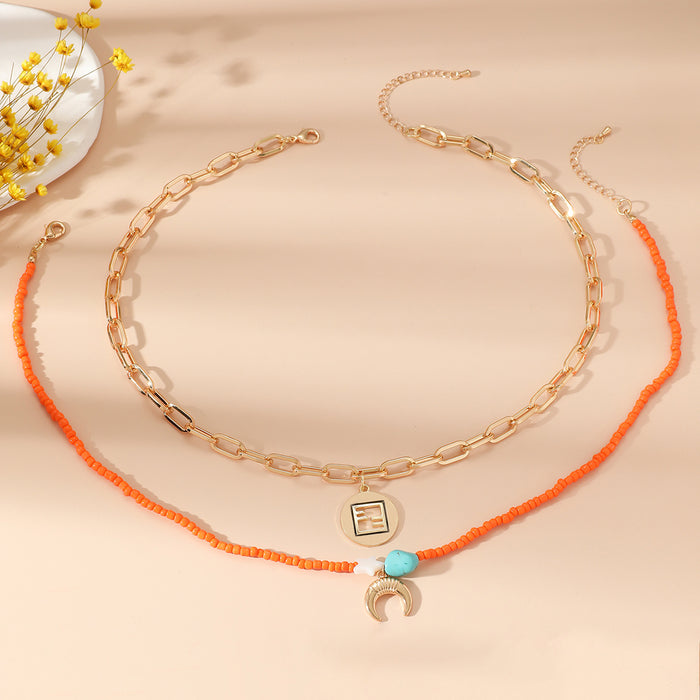 Wholesale Necklace Alloy Handmade Rice Beads Turquoise Star Moon Pendant MOQ≥2 JDC-NE-mengcui005