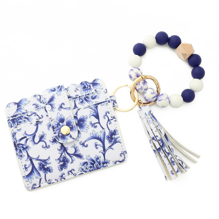 Wholesale Keychains Silicone Leather Blue and White Porcelain Beaded Floral Card Holder MOQ≥2 JDC-KC-NuoYi015