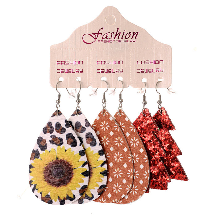Wholesale Earring Leather Leopard Sunflower Print Set JDC-ES-HeYi081