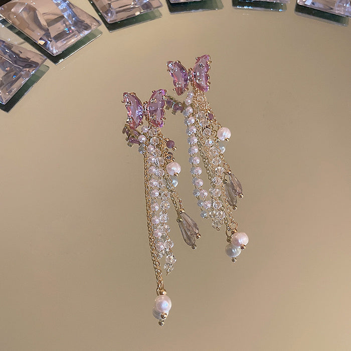 Wholesale Silver Post Diamond Zircon Pearl Butterfly Crystal Tassel Earrings JDC-ES-Fengm045