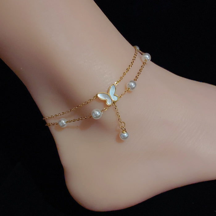 Wholesale Anklets Titanium Steel Double Layer Pearl Butterfly Pendant Shell MOQ≥2 JDC-AS-DuP001