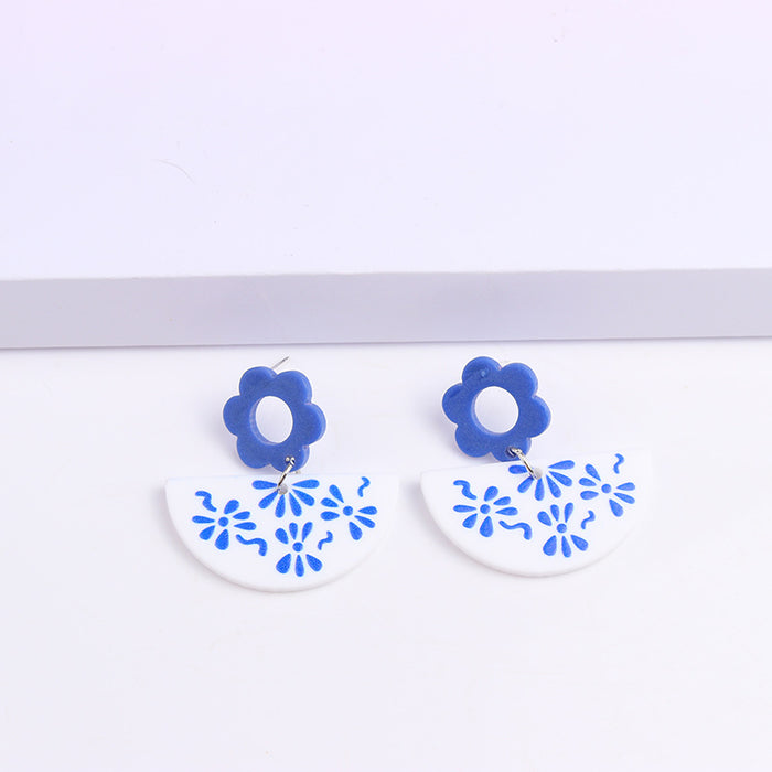 Wholesale blue and white porcelain series simple acrylic print earrings MOQ≥2 JDC-ES-DUAI018