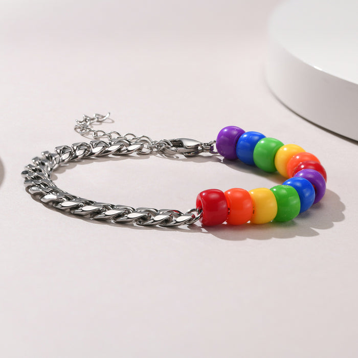 Wholesale LGBT Stainless Steel Acrylic Beaded Rainbow Stitching Personality Bracelet JDC-BT-QuanS006