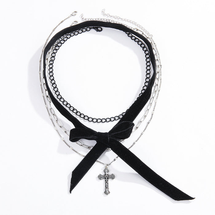 Wholesale Necklace Alloy Black Romance Ribbon Lace Cross MOQ≥2 JDC-NE-Kenjie007