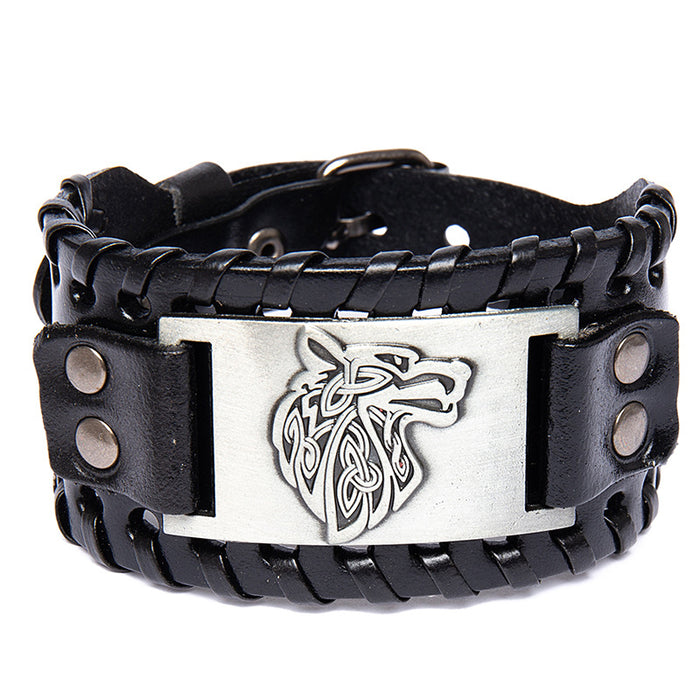Wholesale Handmade Leather Double Layer Alloy Wolf Head Wide Leather Bracelet JDC-BT-BaB001