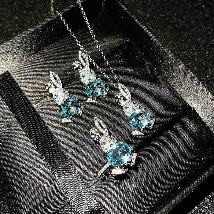 Wholesale Micro Inlaid Diamond Stud Earrings Imitation Natural Sky Blue Topaz Pendant Cute Open Rabbit Ring JDC-NE-ZhenR002