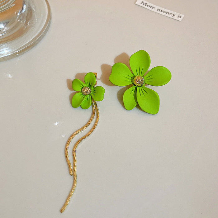 Wholesale Silver Needle Asymmetric Matcha Green Flower Tassel Earrings JDC-ES-Fengm042