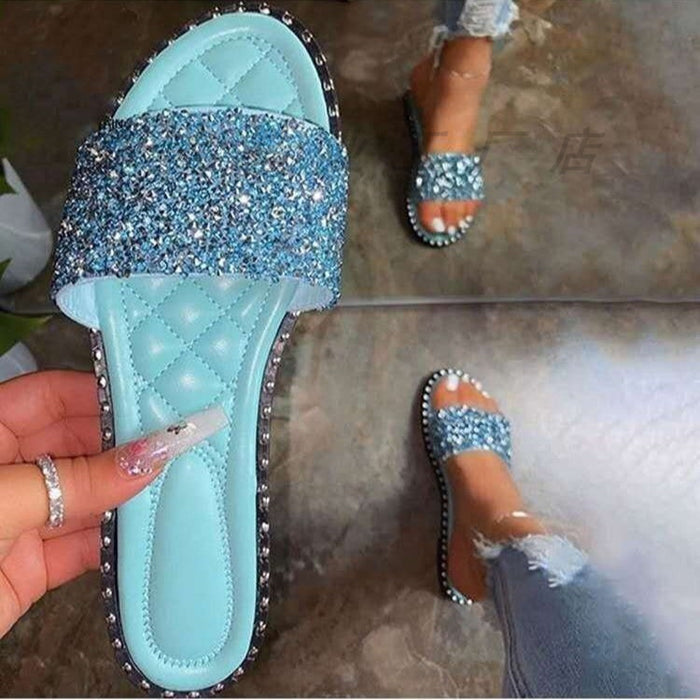 Wholesale large size cool shoes summer one word rhinestone sandals fashion women's shoes JDC-SD-ZuiM006