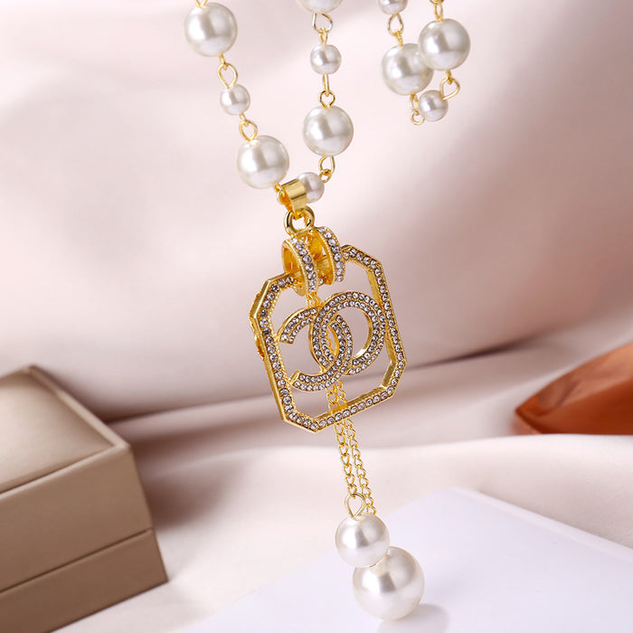 Wholesale necklace alloy letter pendant pearl tassel long sweater chain (F) MOQ≥2 JDC-NE-YouH018