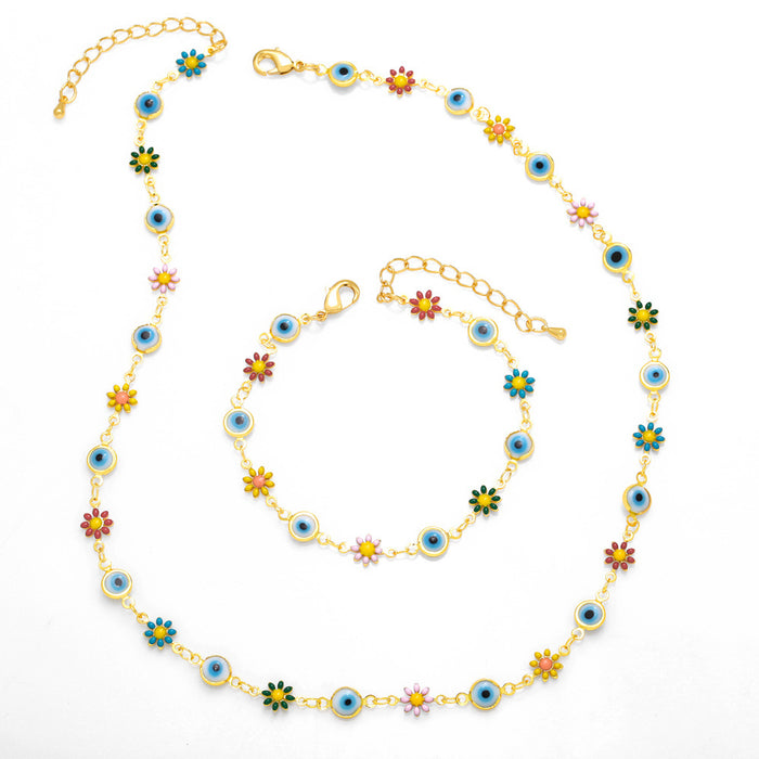 Wholesale Bracelet Copper Boho Glasses Colorful Flower Necklace Set JDC-BT-AS164