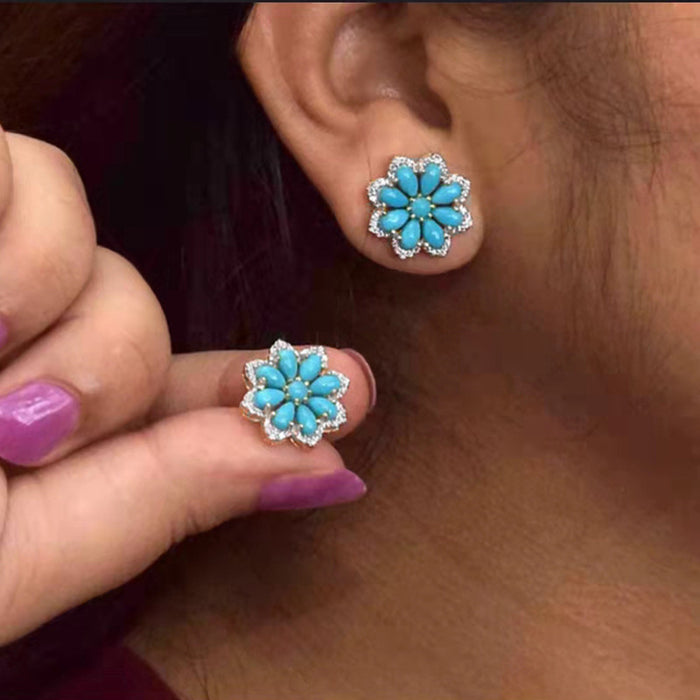 Wholesale Alloy Turquoise Earrings Flowers Diamonds MOQ≥2 JDC-ES-JYS020
