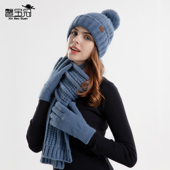 Wholesale Hat Acrylic Winter Solid Color Plus Fleece Knitted Scarf Gloves 3pcs Set JDC-FH-BG022