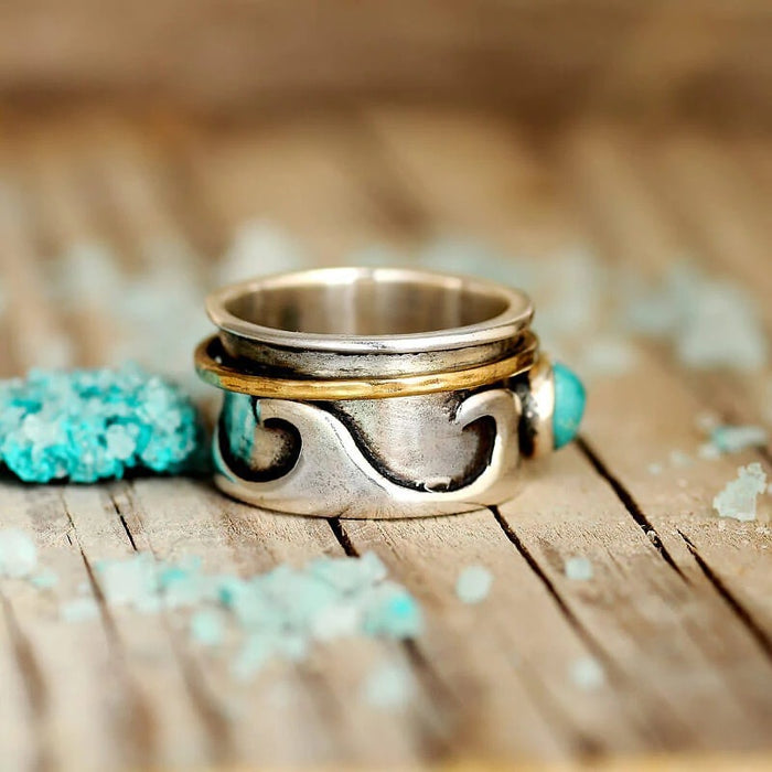 Wholesale Ring Alloy Water Ripple Turquoise Turnable MOQ≥2 JDC-RS-Xinll003