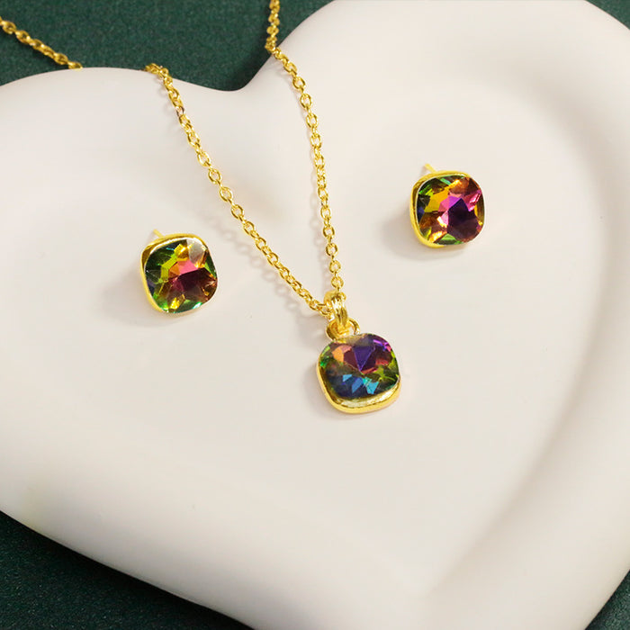 Wholesale Necklaces Alloy Earrings Necklace Set Colorful Square Diamonds JDC-NE-JYS045