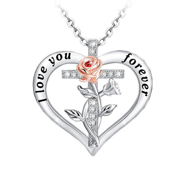 Wholesale Fashion Simple Heart Shaped Cross Two Tone Rose Flower Diamond Necklace MOQ≥2 JDC-NE-JYS016