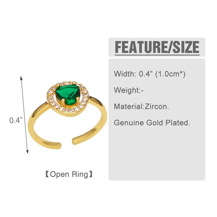 Wholesale Ring Copper Plated 18K Gold Zircon Heart Emerald Adjustable JDC-PREMAS-RS-025