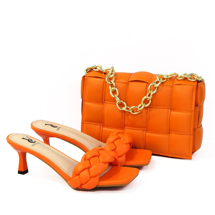 Wholesale Combination Set With Chain Bag Woven Middle Heel Square Toe Slippers JDC-SD-JNT001