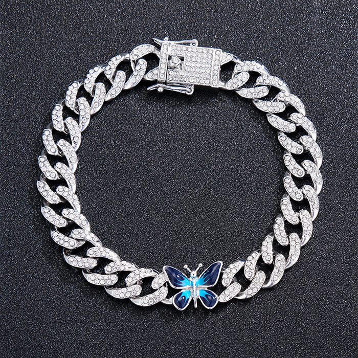 Wholesale Necklace Alloy Rhinestone Enamel Butterfly Cuban Chain Bracelet Anklet Set MOQ≥2 JDC-NE-XuanD005