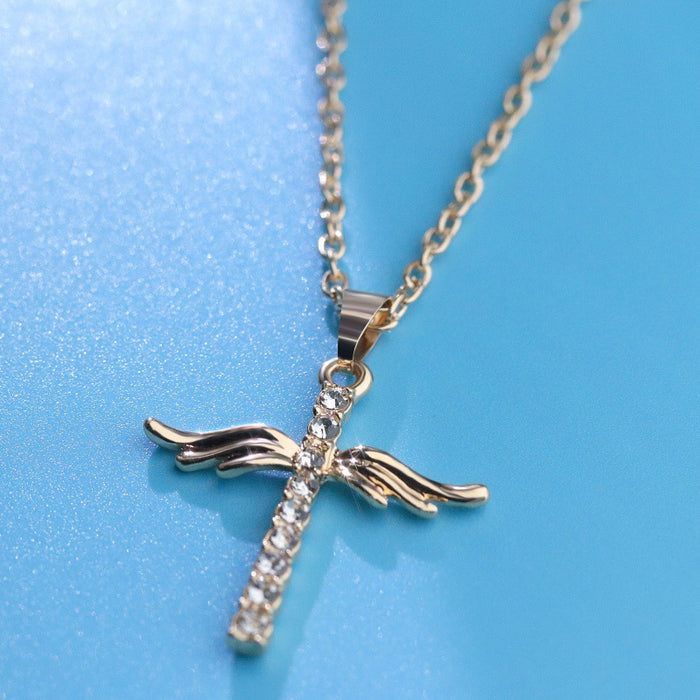 Wholesale Necklace Alloy Angel Wings Pendant Cross Diamonds JDC-NE-RuiP005