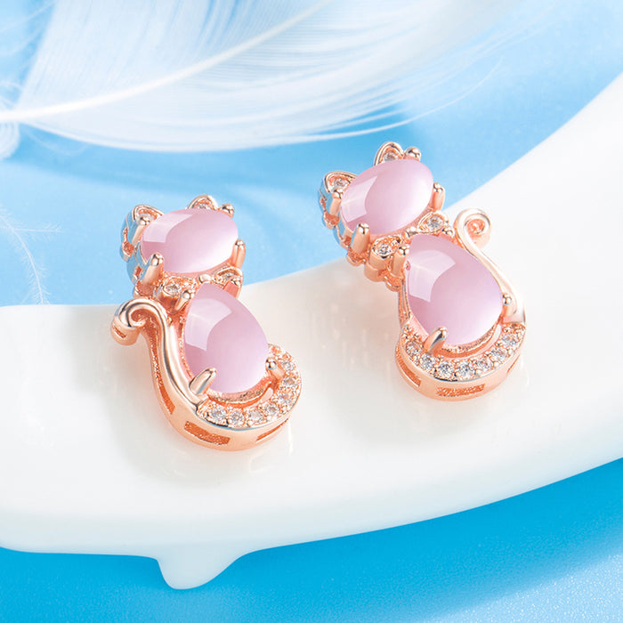 Wholesale Pink Crystal Cat Copper Earrings JDC-ES-Gaos002