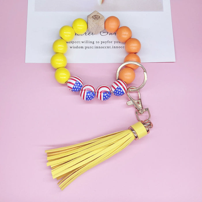 Wholesale 4th of July Independence Day Printed American Flag Pattern Bracelet Keychain PU Tassel JDC-KC-RRui004